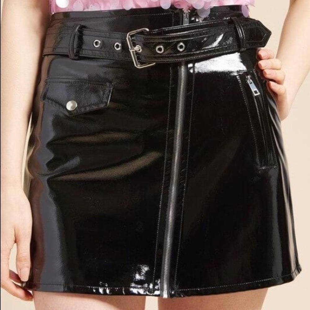 Belted Biker Leather Skirt with Zipper Front